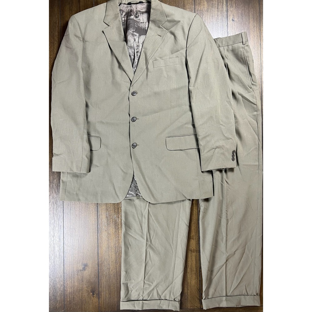 Jos. A. Bank Mens 42L 46L Tan 100% Wool 3-Button Pleated Cuffed Two Piece Suit